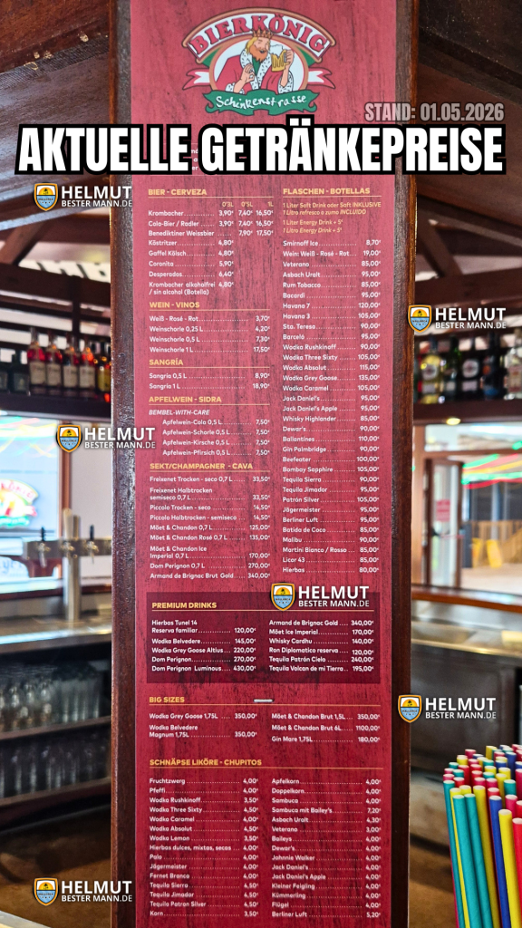Bierkönig Preise 2026 - Preise Bierkönig aktuell - Preise Bierkönig - Preise im Bierkönig - Getränkepreise im Bierkönig - Wodka Lemon - Playaschorle - Getränkekarte Bierkönig - Bierkönig - Ballermann - Malle