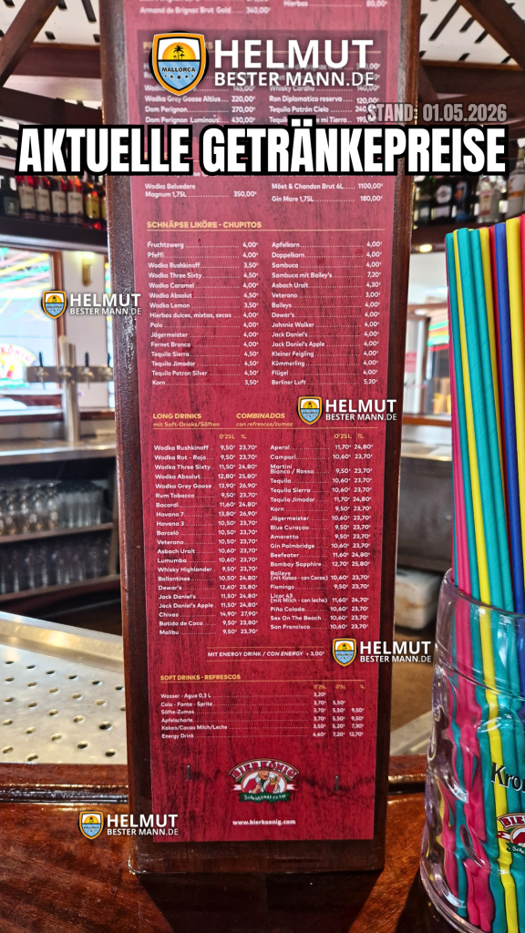 Bierkönig Preise 2026 - Preise Bierkönig aktuell - Preise Bierkönig - Preise im Bierkönig - Getränkepreise im Bierkönig - Wodka Lemon - Playaschorle - Getränkekarte Bierkönig - Bierkönig - Malle - Ballermann